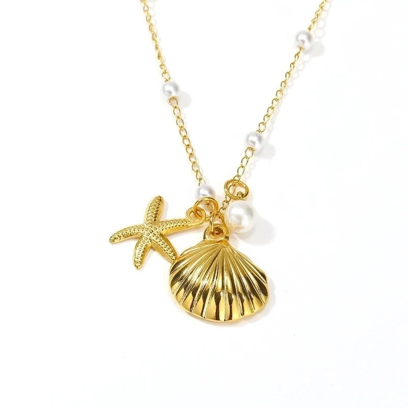 Shell & Starfish Pendant Necklace with Pearl Detail