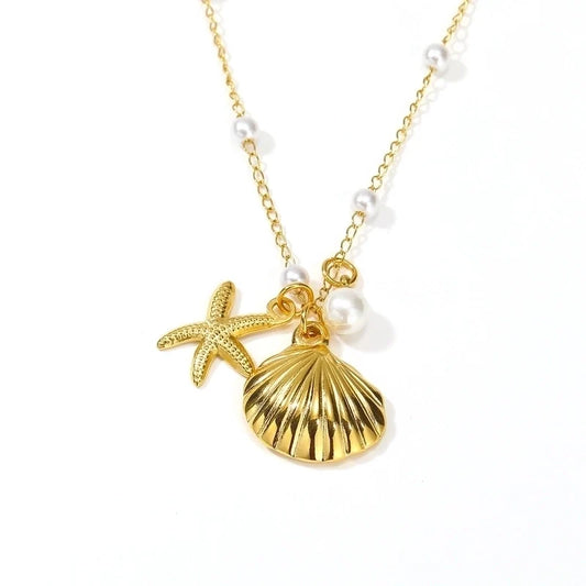 Shell & Starfish Pendant Necklace with Pearl Detail