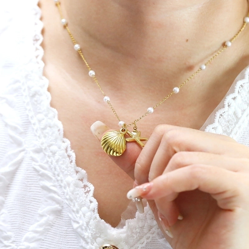 Shell & Starfish Pendant Necklace with Pearl Detail