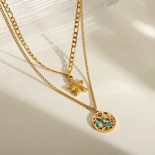 Starfish Stacking Necklace with Aqua Pendant